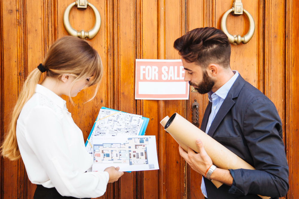 Agente inmobiliario asesorando a un cliente sobre como negociar el precio de una casa
