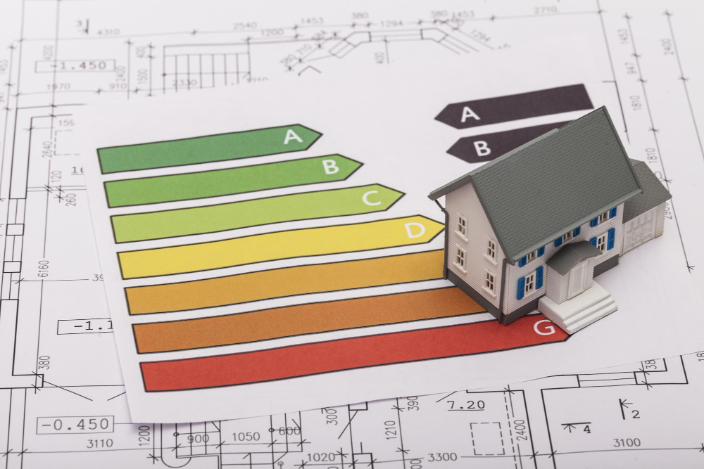 Un gráfico que ilustra el consumo energético de una vivienda antes y después de implementar reformas de eficiencia energética, demostrando la significativa reducción del uso de energía y la mejora de la calificación energética