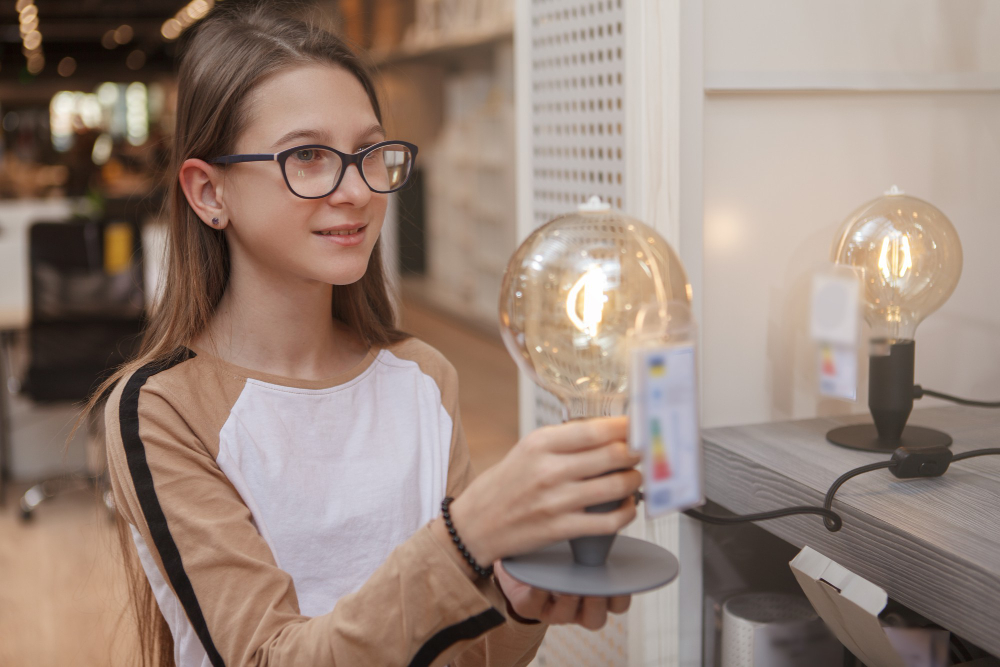 Una persona comprobando el consumo energético de una bombilla, enfatizando la importancia de utilizar iluminación eficiente para reducir el consumo de energía y mejorar la calificación energética de la vivienda.