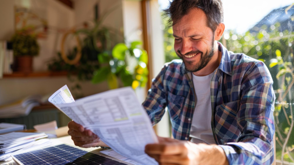 Una persona sonriendo mientras sostiene una factura de energía con un importe menor, destacando los beneficios económicos de mejorar la calificación energética de una vivienda.