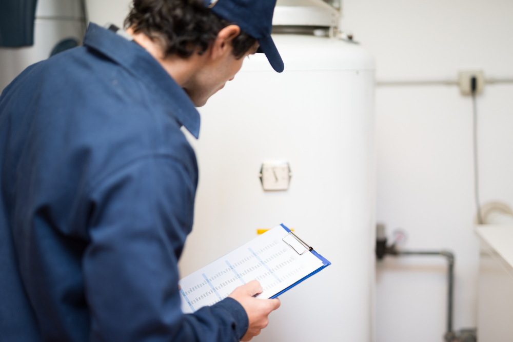 Un técnico inspeccionando una caldera para asegurar su funcionamiento eficiente y minimizar el desperdicio de energía, contribuyendo a una mejor calificación energética para la vivienda