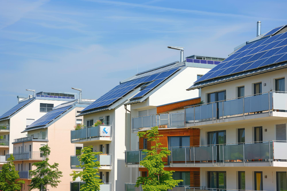 Una vivienda con paneles solares en el techo, generando energía limpia para reducir el consumo energético y mejorar la calificación energética de la casa.